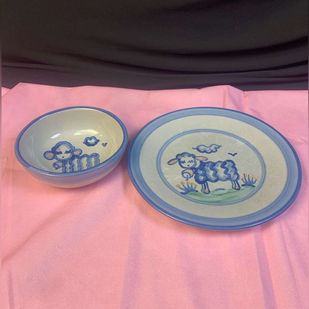 M A Hadley Pottery Plate & Bowl Sheep.